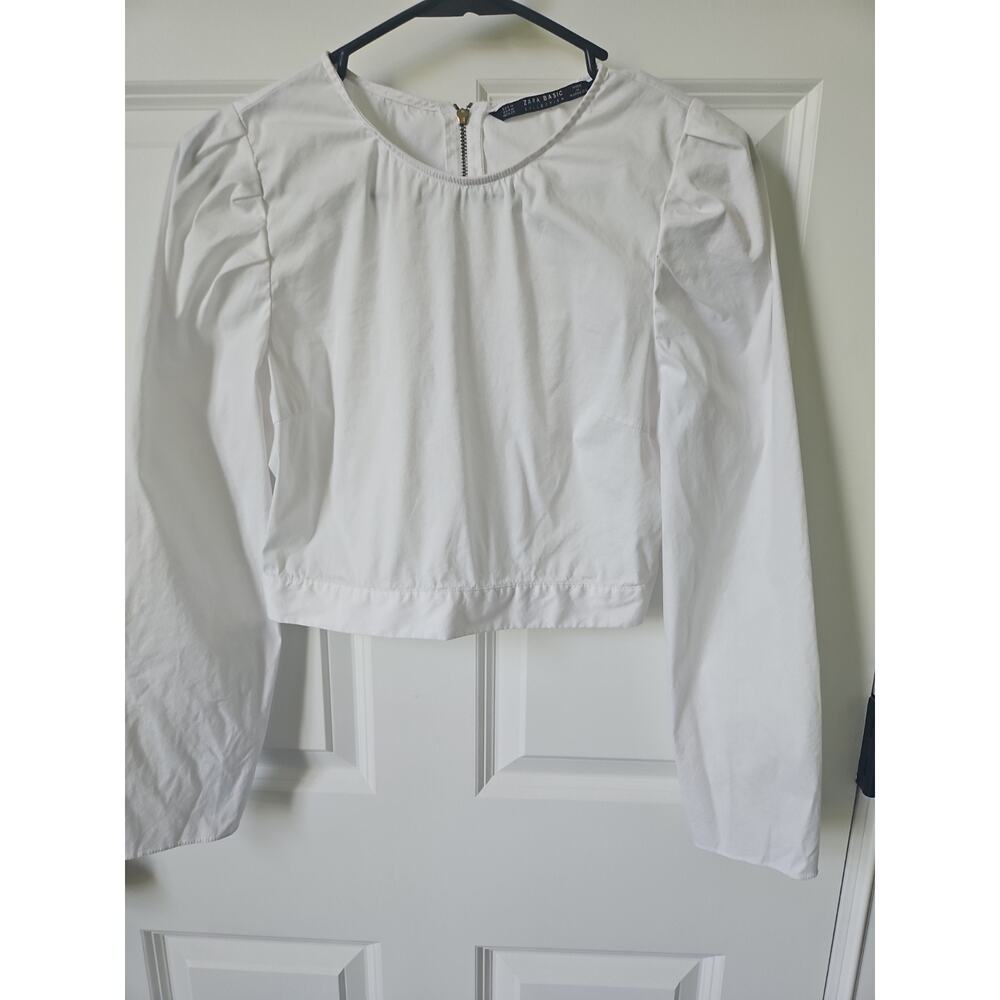 Zara Basic‎ White Puff Sleeve Crop Top Blouse Exposed Back Zipper Womens Medium